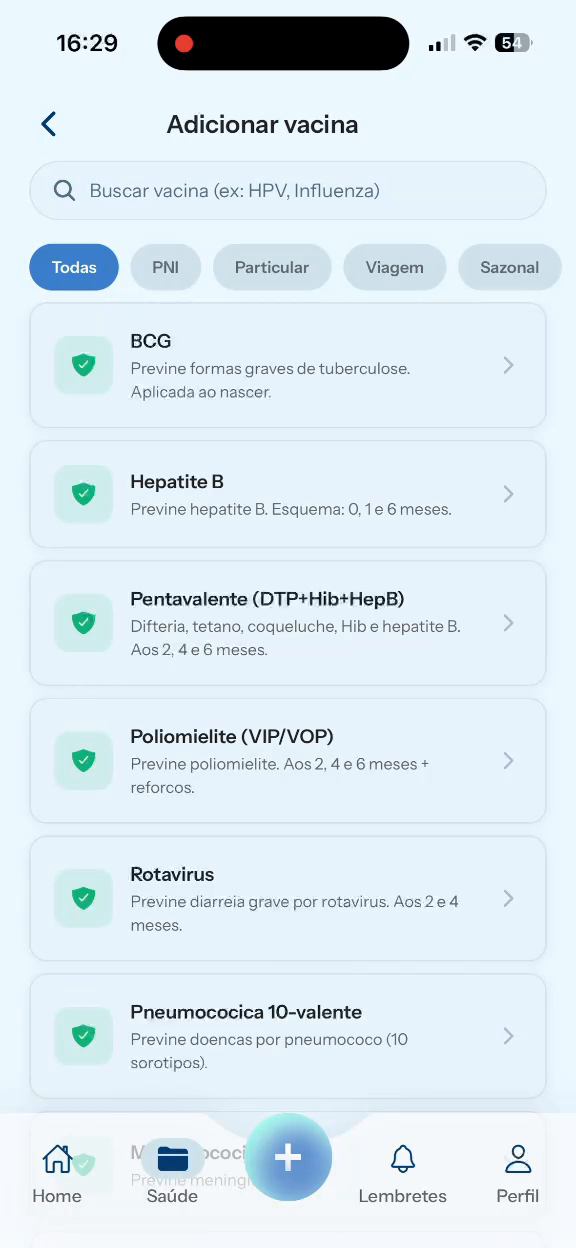 Tela do aplicativo: Adicionar vacina, com a lista de vacinas do calendário