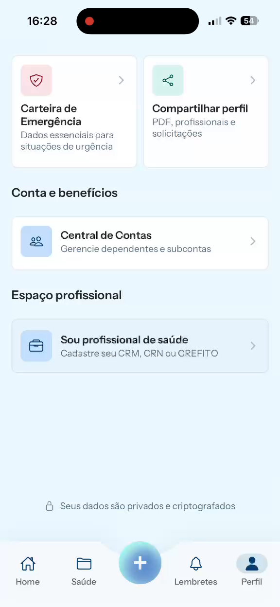 Tela do aplicativo: o perfil, com Carteira de Emergência, Compartilhar perfil e Central de Contas