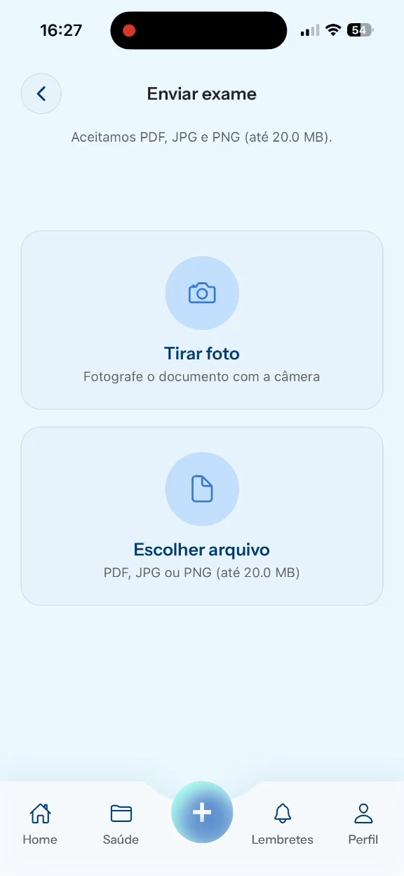 Tela do aplicativo: Enviar exame, com as opções Tirar foto e Escolher arquivo