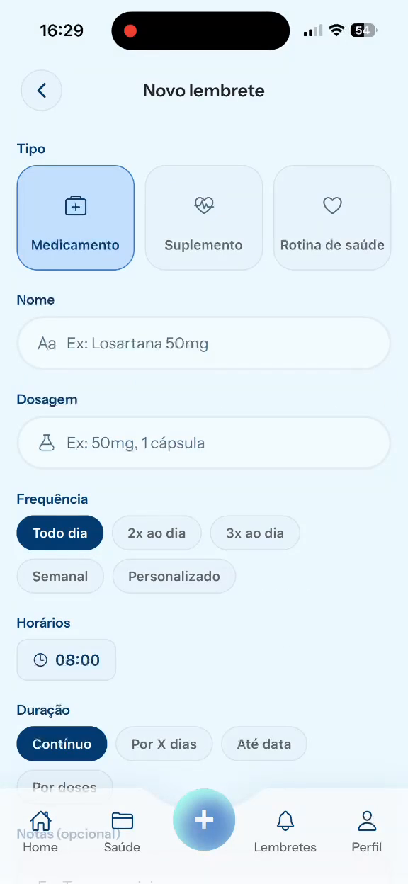 Tela do aplicativo: Novo lembrete, com nome, dosagem, frequência e horário