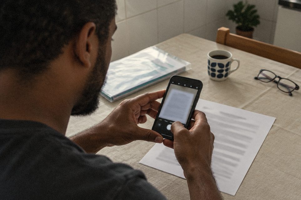 Homem fotografa com o celular um exame de papel em cima da mesa da cozinha