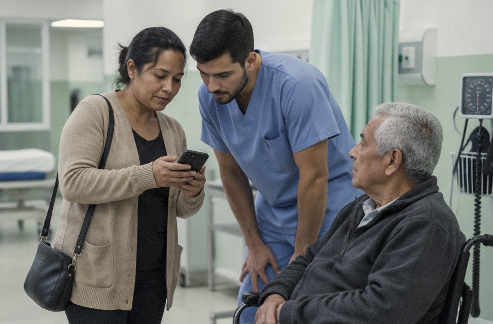 Mulher mostra o celular a um enfermeiro na triagem; o pai dela está sentado numa cadeira de rodas
