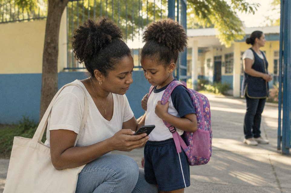 Mãe agachada ao lado da filha pequena no portão da escola, olhando o celular